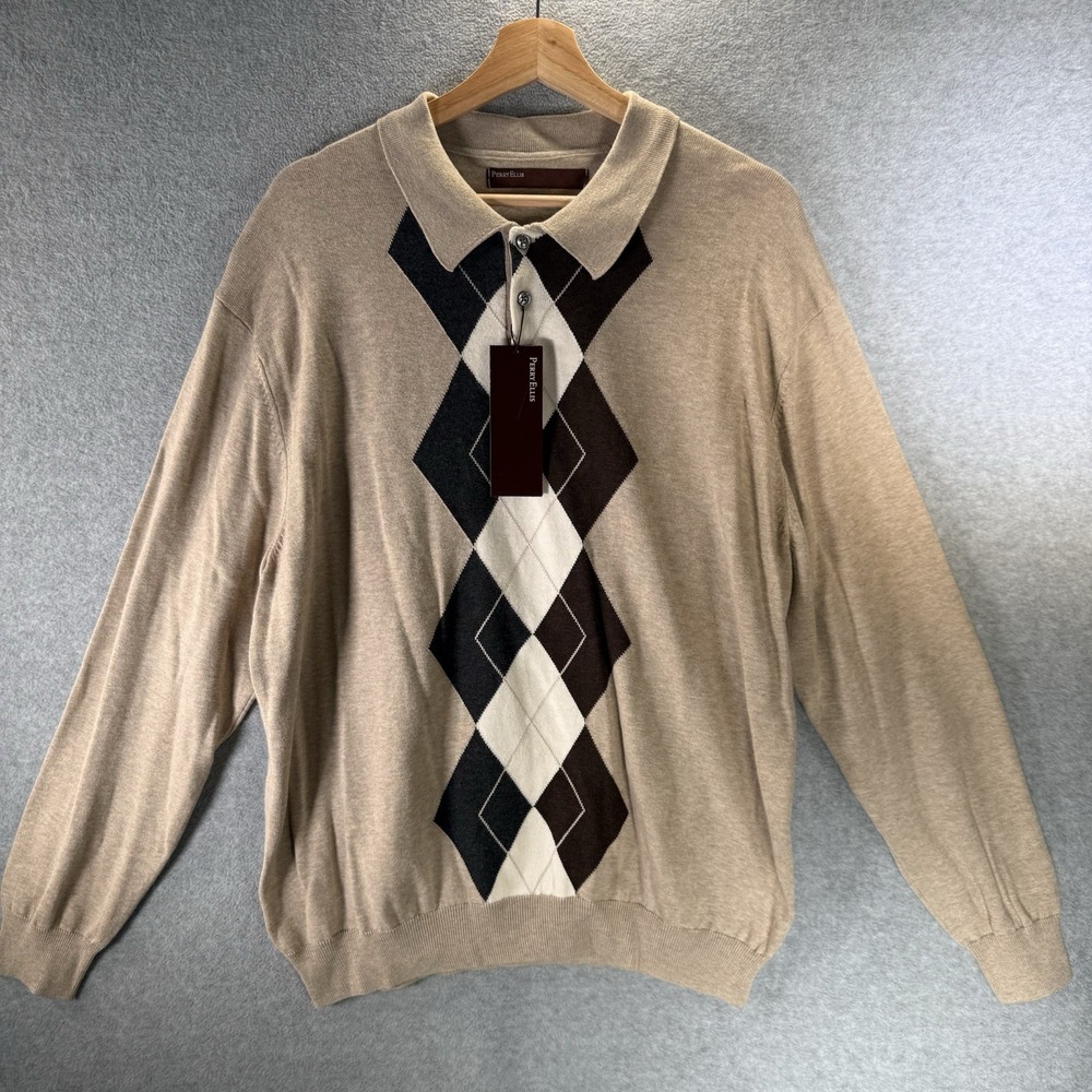 Perry Ellis Men's Sandbar Heather Argyle Long Sleeve Pullover Sweater Size XL‎